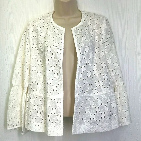 Zara - Embroidered White Open Front Ruffle With Bell Sleeves Jacket Size Medium - Picture 3 of 14